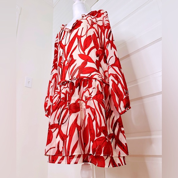 NWT Mango Suiting Red Floral V-Neck Sheer Long Sleeve Tunic Dress, Size 8 US - Picture 6 of 13